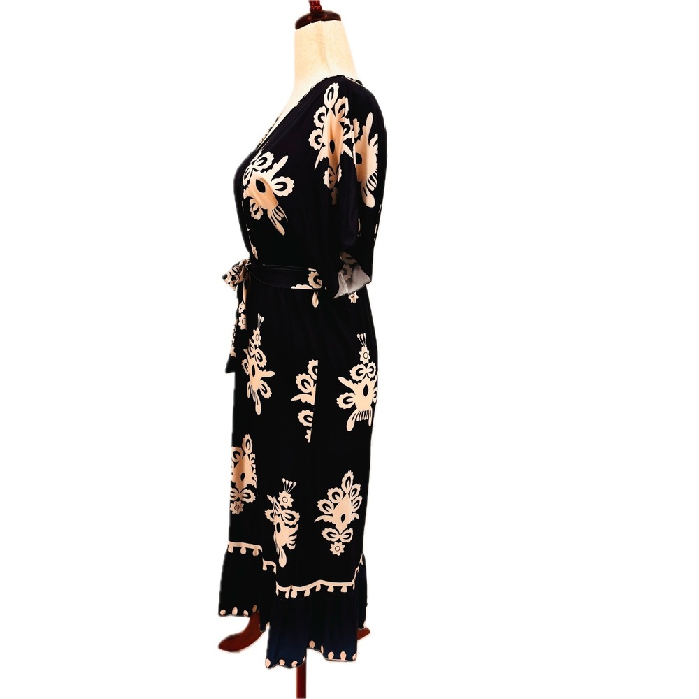 Fashion Navy & White Pull Over Dress Womens V-Neck Belted Ruffled Hem Midi - Picture 2 of 6